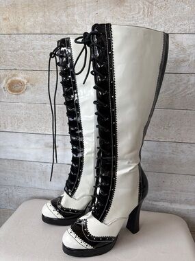 Ellie Patent Two-Tone Black & White Lace-Up Knee Boots
